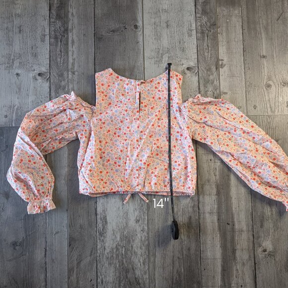 Zara, Cold Shoulder Balloon Sleeve Floral Top, Pink w red/blue print, Sz 11 - 12 - Picture 8 of 9
